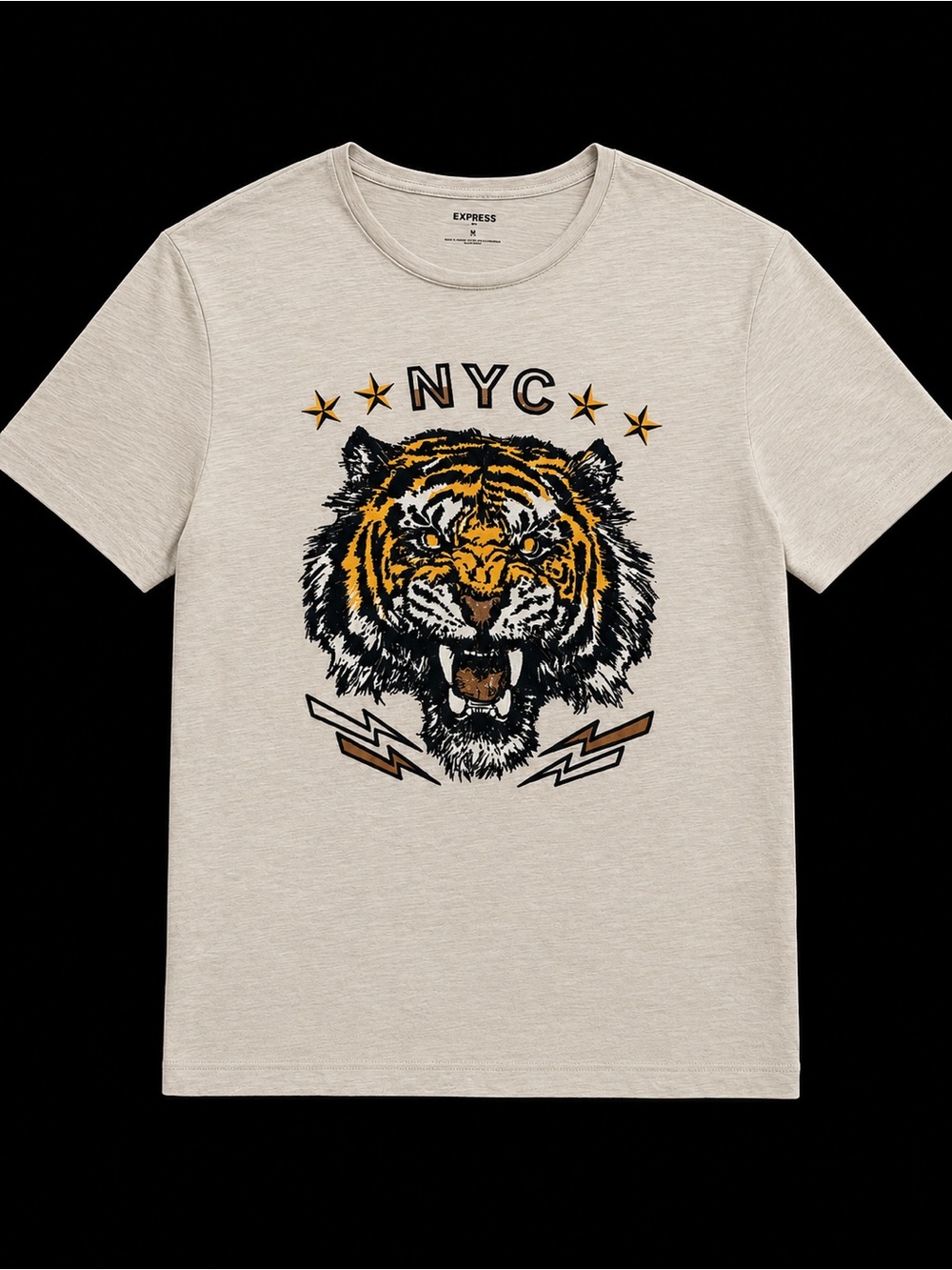 Express Beige Tiger Graphic Tee with Yellow & Black Artwork